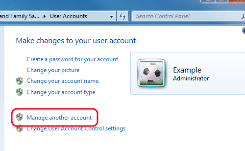 Windows 7 User Accounts, Manage Another Account
